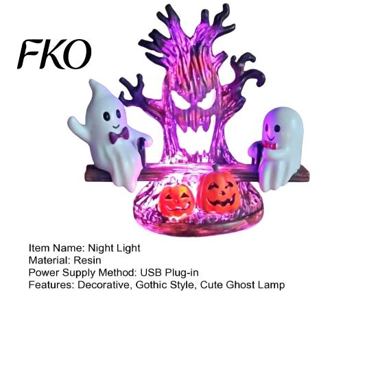 Creative Gothic Style Night Lamp Animated Seesaw Ghost Light, USB Powered 3D Cute LED Small Light for Hallway with Spooky Tree And Pumpkin Design,