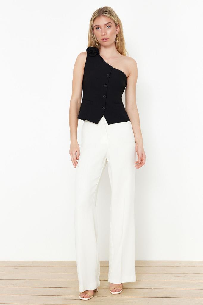 Women's Fashion Limited Edition Ecru Fitted One Shoulder Rose Detailed Woven Vest