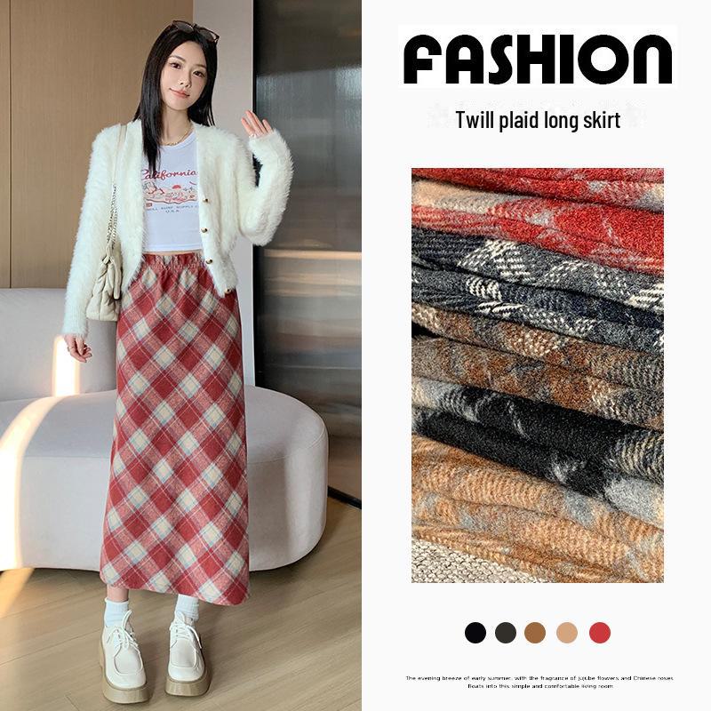 Женская шерстяная клетчатая юбка с высокой талией - узкий А-силуэт средней длины, утолщенная для осени/зимы 2024 г.