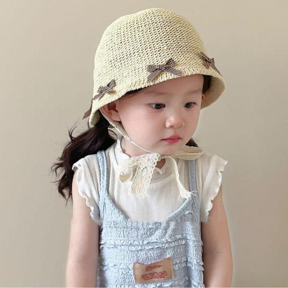 Beach Lace Straw Hat Bow Children Panama Caps Korean Baby Straw Hat  for Kids