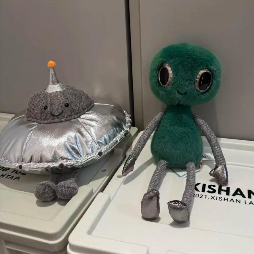 Cute Space Plush Toy Smiling Green Alien Silver UFO Soft Stuffed Extraterrestrial Dolls Adorable Gift for Sci-Fi Fans Home Decor