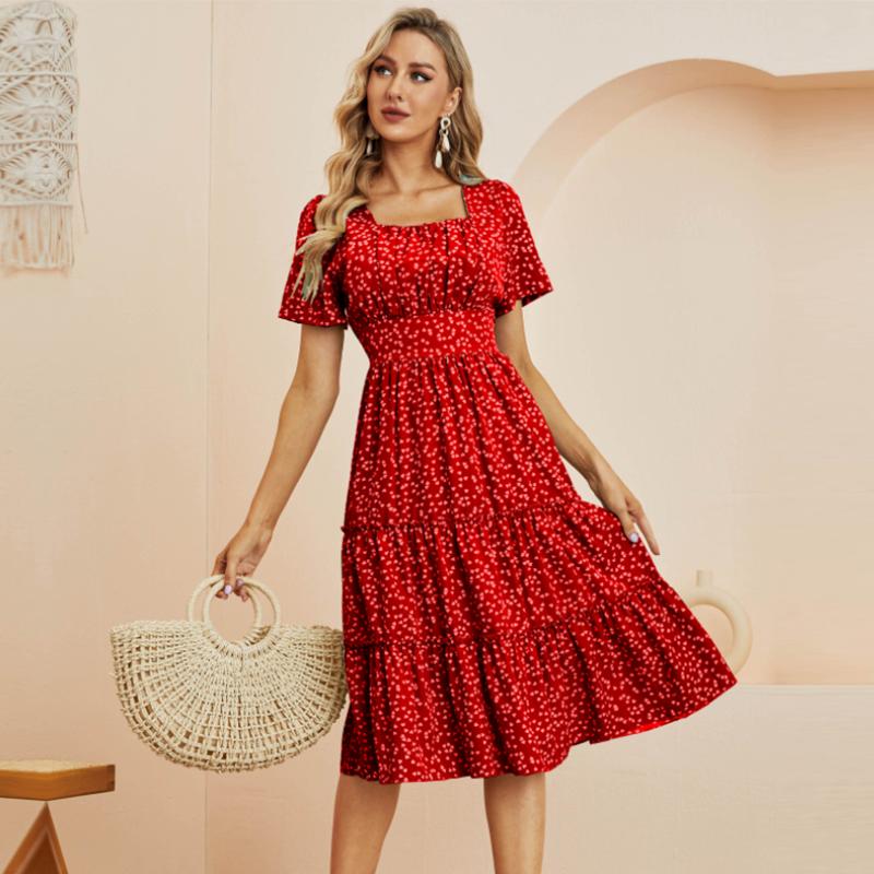 Summer Love Pattern Dot Print Dress Women Casual A-Line Short Sleeve Square Collar Ruffles Medium Long Chiffon Red Black Blue Green