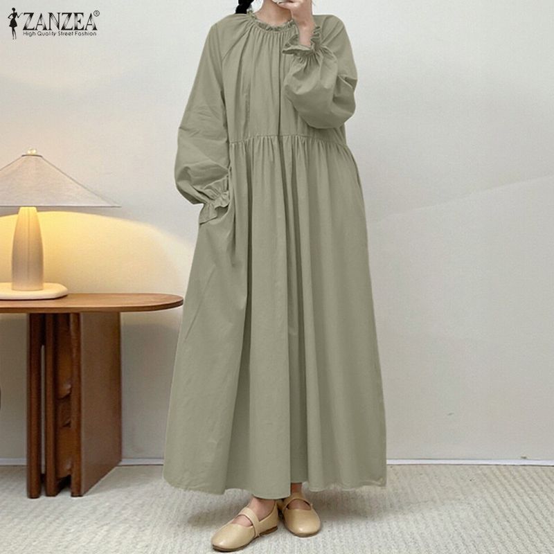 ZANZEA Женское повседневное платье-макси с длинным рукавом, круглым вырезом, свободного кроя