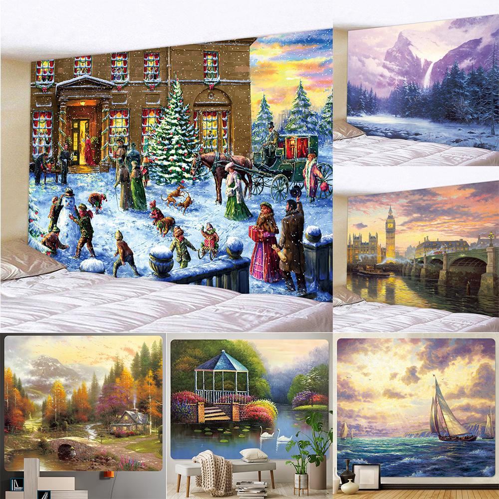 Home Decoration Christmas Snow Scene Oil Painting Printing Tapestry Hippie Bohemian Psychedelic Scene Wall Decor Backdrop Cloth