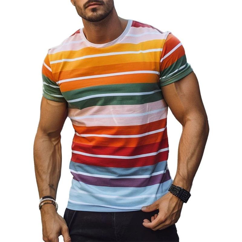 Summer Round Neck Retro Stripe Graphic 3D Print Top Fashionable Casual Short Sleeved Men's T-shirts