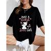 White T Shirt Just A Girl Who Loves Cats Cartoon Cat Print Casual Wear For Women Summer Outfit Streetwear Fashion Top