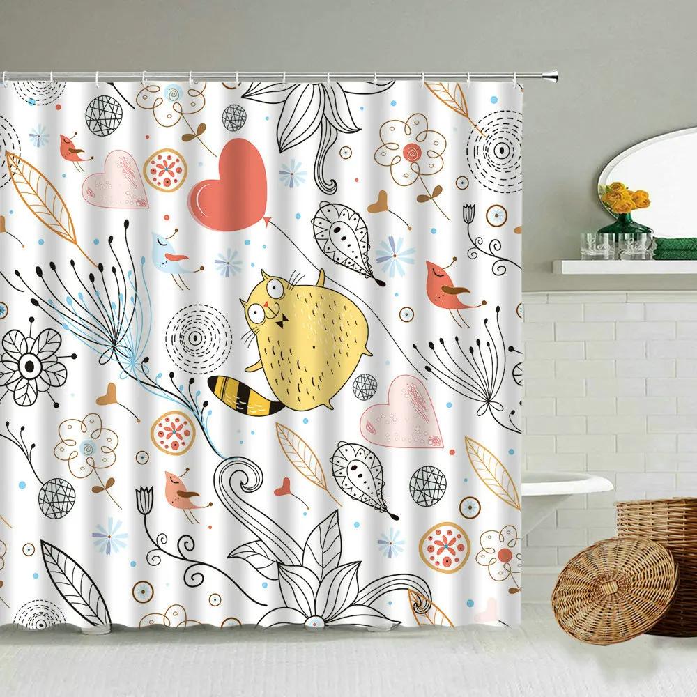 Cartoon Hand-Painted Animal Shower Curtain, Cat, Bird, Rabbit, Plant, Flower, Child Bathroom Decor With Hook