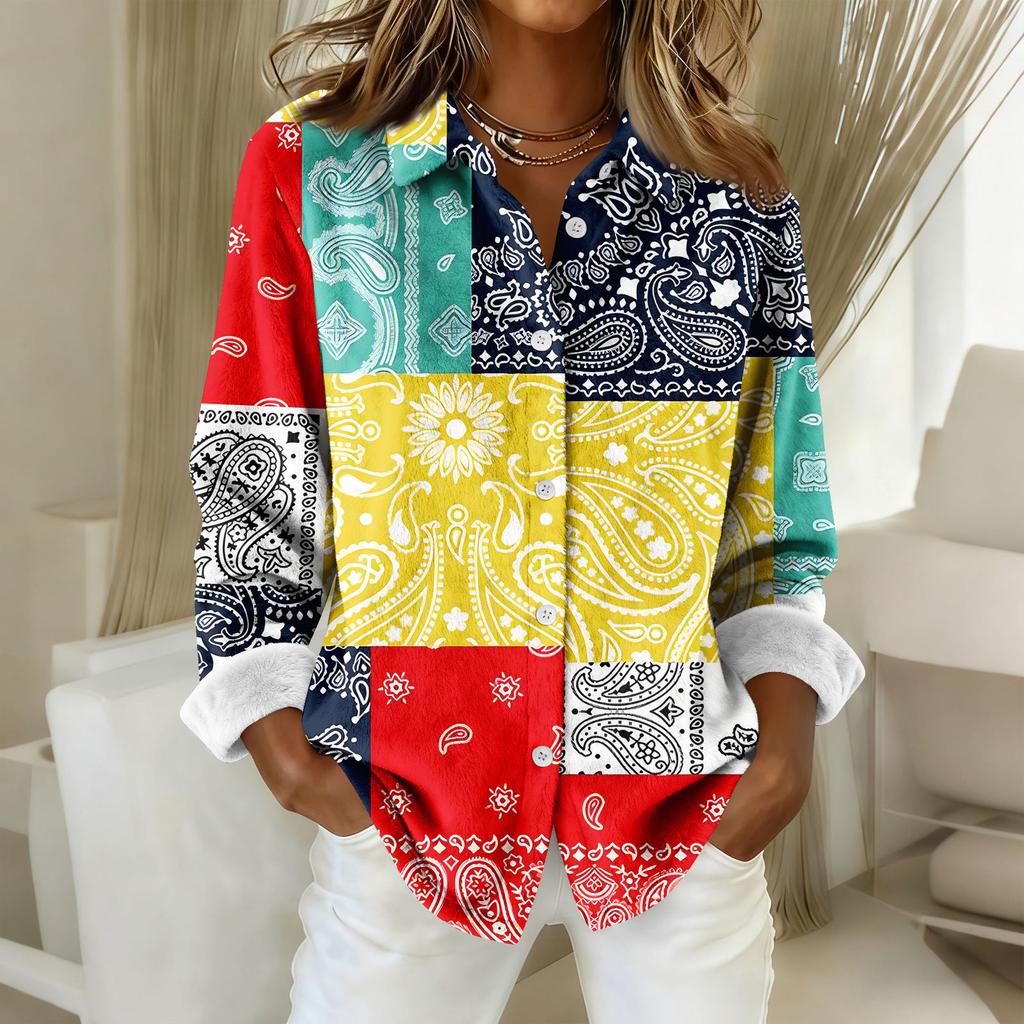 Женская рубашка-блузка с принтом и пуговицами, длинный рукав, повседневный базовый рубашечный воротник, обычный топ