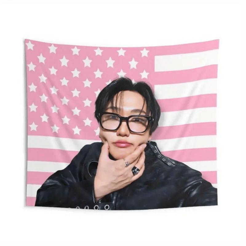 1Pc SKZ Changbin Cheeks American Flag Canvas - Patriotic Pink & White Stars & Stripes, Soft Polyester for Home Decor, Birthday