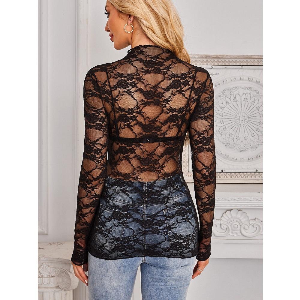 Женские сетчатые прозрачные кружевные топы с круглым вырезом и длинными рукавами, женские облегающие топы с цветочной вышивкой, женские нарядные футболки