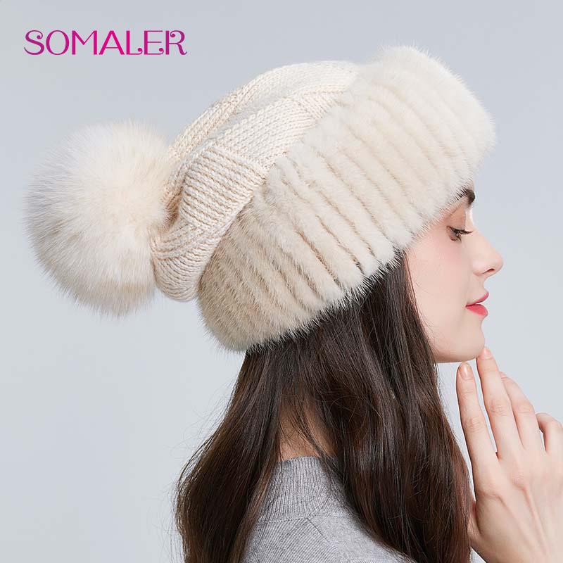 Winter Mink Fur Knitted Wool Hat for Women Fox Fur Pompom Slouchy Beanie Fashion Warm Style Cap Baggy Crochet Hat