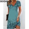 5XL 6XL Katta Oʻlchamdagi Ayollar Koʻylagi 3D Vintage Bargli Printli Koʻylak Yozgi Qisqa Yengli V-Kesikli A-siluet Tizzagacha Koʻylak Vestidos