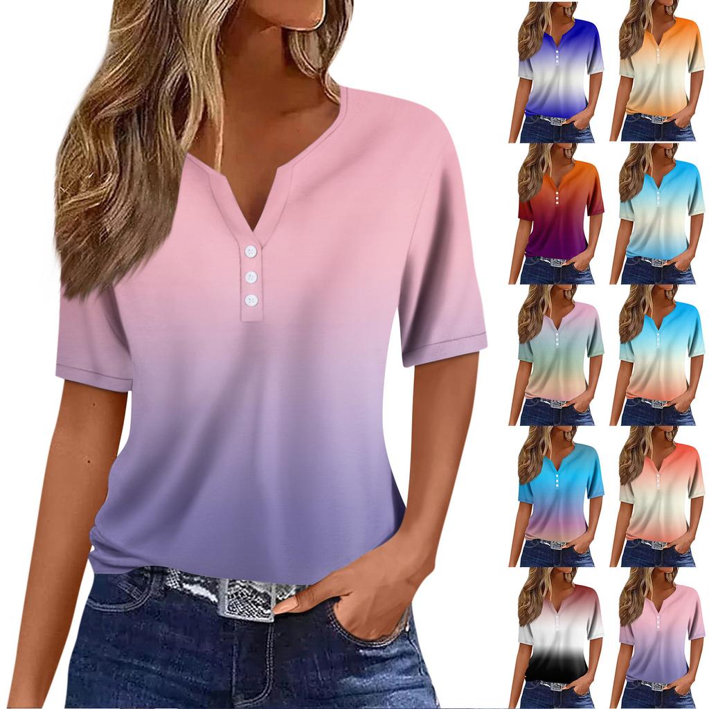 Women's Fashion Casual Vintage Gradient V-Neck Short Sleeve Decorative Button T-Shirt Top