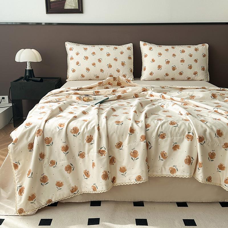Rose Garden Vintage Floral Summer Quilt Khaki 100% Cotton Reversible Thin Comforter Bedding Set Air Conditioner Quilts Bedspread