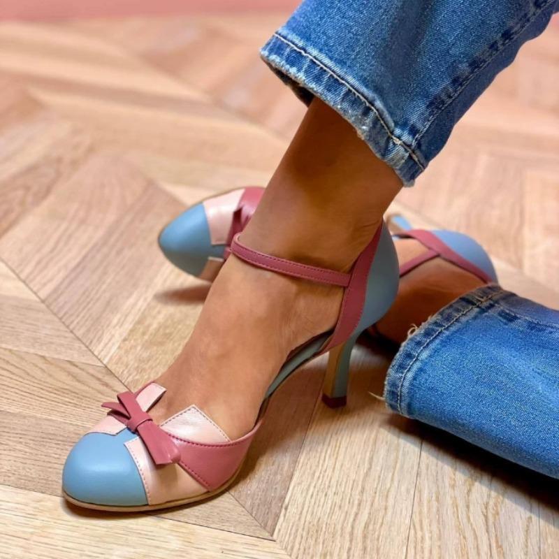 New Style Sweet Female Pumps Round Toe Small Heels 6cm Buckle Strap Bowknot Mixed Color Plus Size 34-43 Spring Dating Shoes