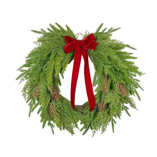 16 Inch Real Touch Norfolk Pine Christmas Wreath for Front Door Faux Cedar Greenery Wreath with Pine Cones And Bows for Wall Window Farmhouse Outdoor