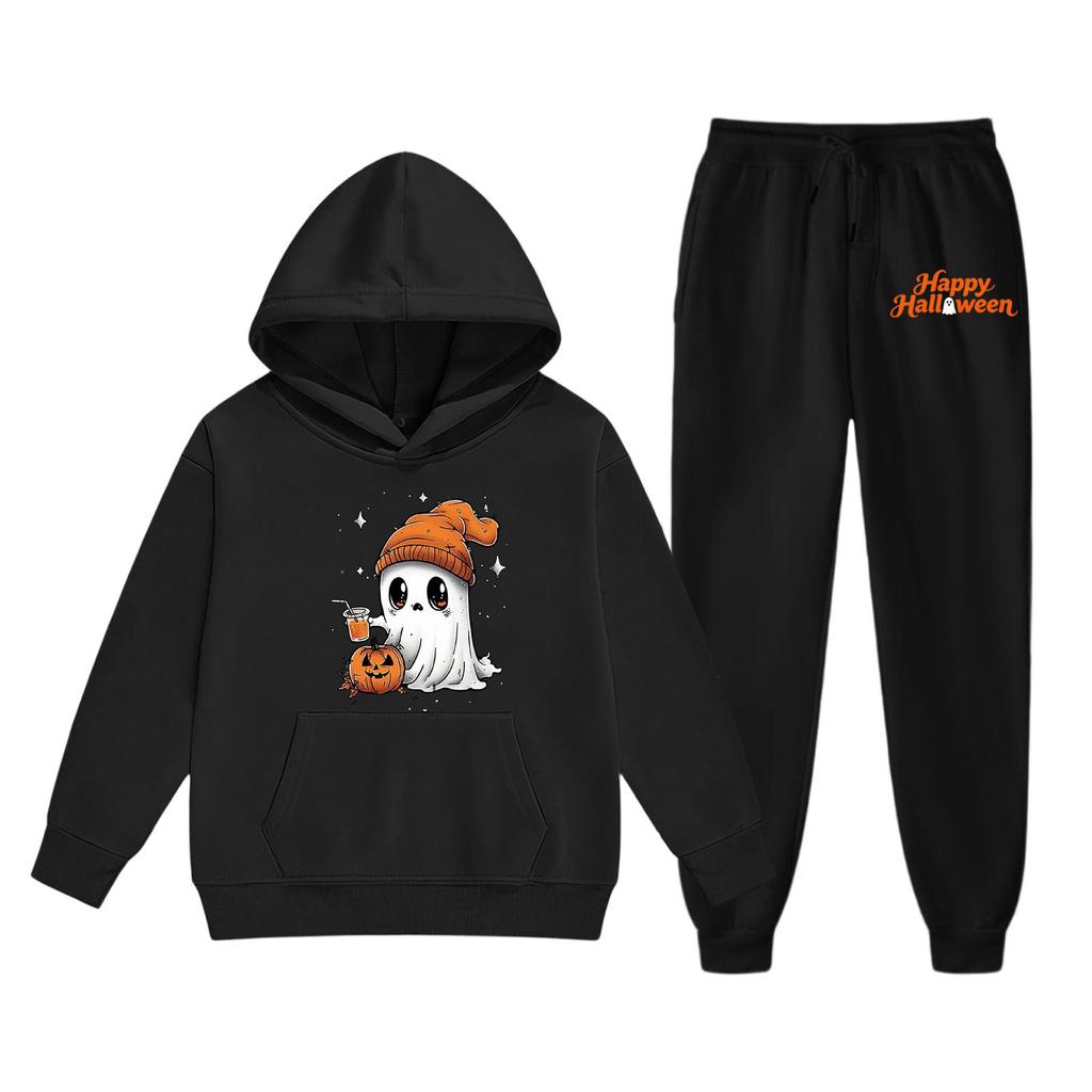 Kids Halloween Hoodie and Sweatpants Set Ghost Pumpkin Print Hooded Sweatshirt and Matching Bottoms Comfortable Fit for Boys and Girls