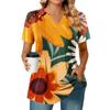 Women's Pleated V-neck Short Sleeved Sunflower Print T-shirt Business Casual Shirt