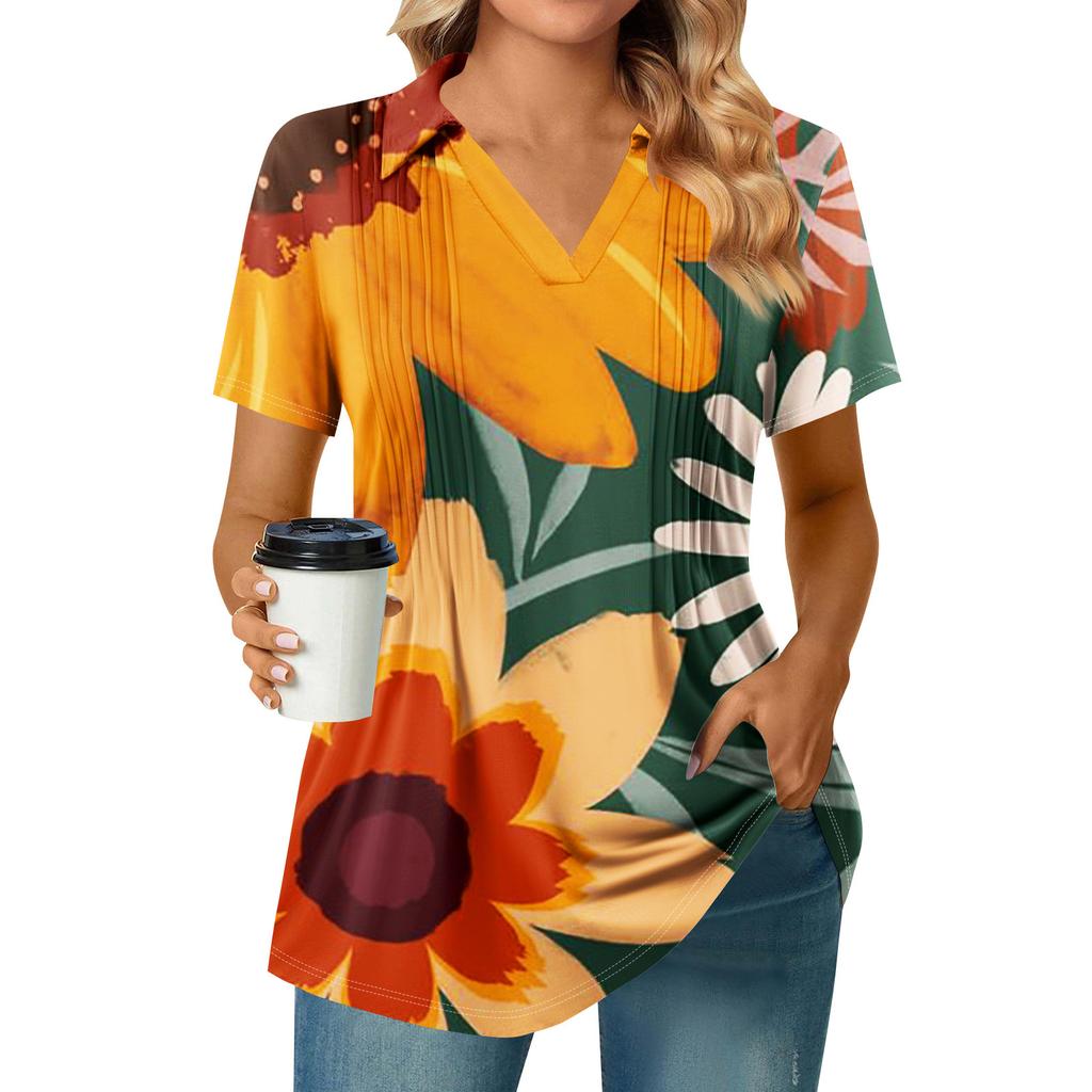 Women's Pleated V-neck Short Sleeved Sunflower Print T-shirt Business Casual Shirt