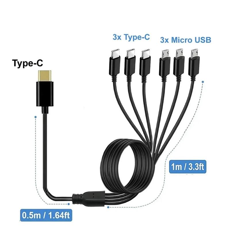 Кабель для зарядки Type-C на 3 Micro USB+3 Type C 1 к 6 Зарядный шнур Универсальный кабель USB C Только для зарядки