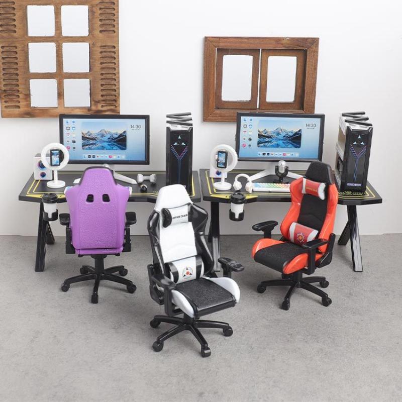 Tiny Gaming Desk Chair Set 1/12 Dollhouse Size with Simulated Monitor Host Model for Doll House Collection DIY Decor