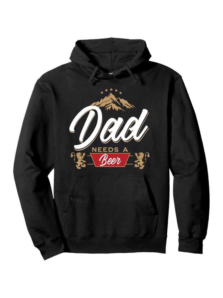 Funny Dad Needs A Beer hoodie - Black Pullover Sweatshirt with Beer Label Graphic (Mountains & Stars) - Soft Hooded Sweatshirt for Father's Day Gifts