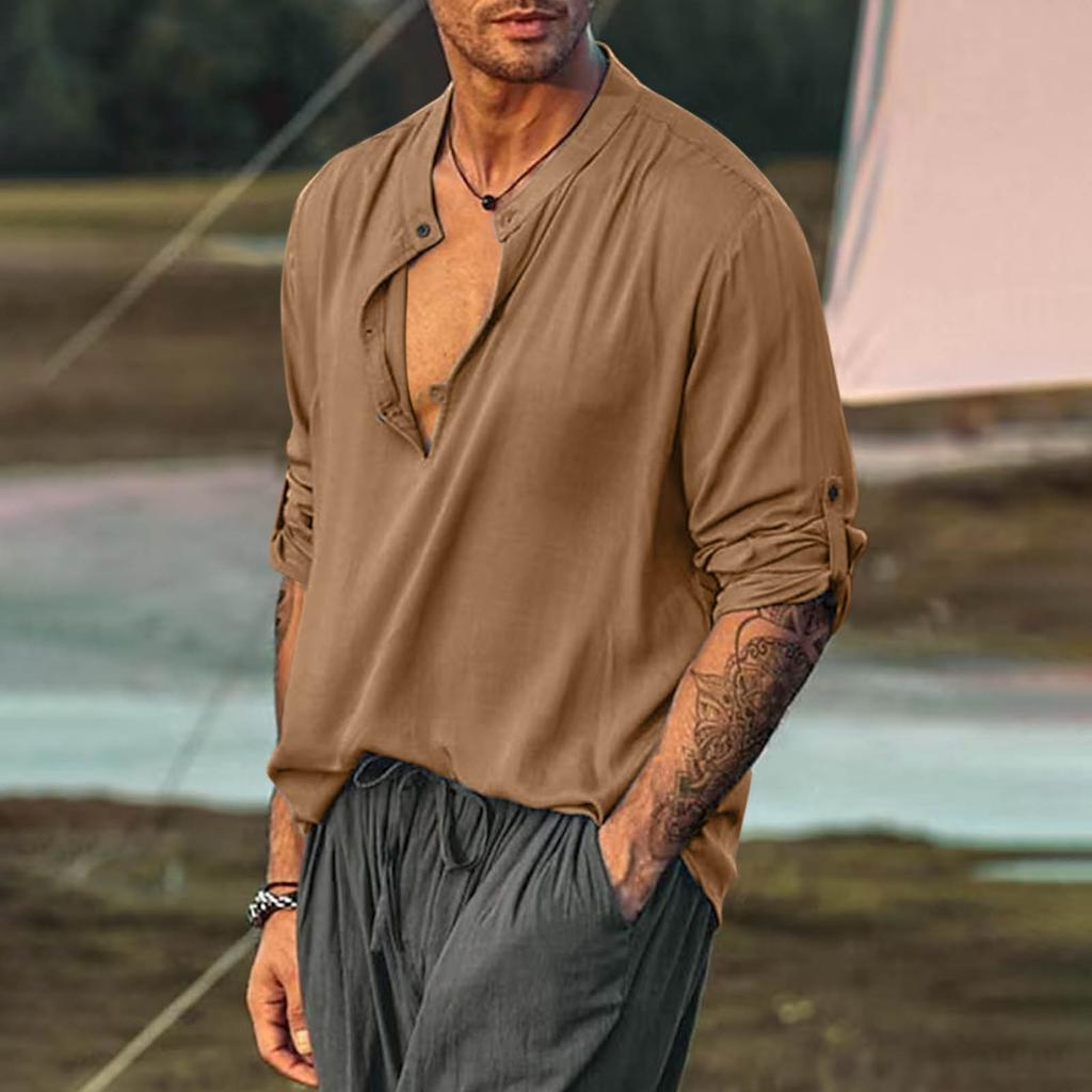 Мужская полуоткрытая рубашка, разноцветная хлопково-льняная рубашка, круглый вырез, модный рукав, рубашка с длинными рукавами