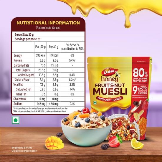 Dabur Honey Fruit & Nut Muesli with Organic Honey - 750g | With Exotic Fruits, Nuts & Berries | No Aritificial Flavours, Preservatives & Colors