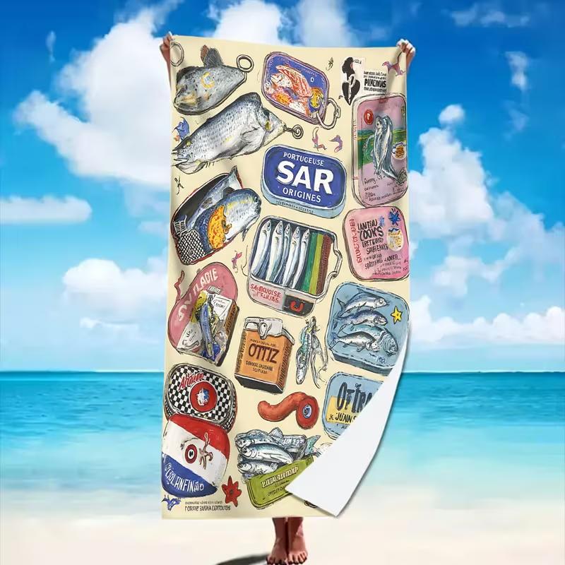 Vintage Cartoon Sardines Can Beach Towel Striped Fun Coastal Food Graphic Print Soft Absorbent Quick Dry Towel for Beach