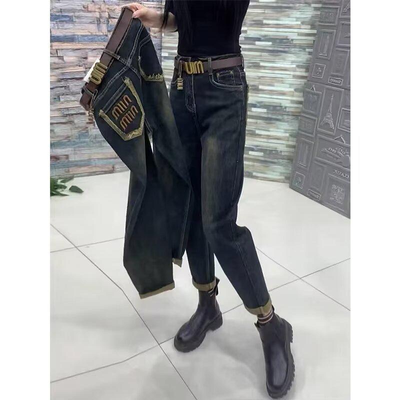 Women's Plush Plus-Size Stretch High-Waist Jeans - Loose, Slimming, Autumn/Winter Carrot Cut