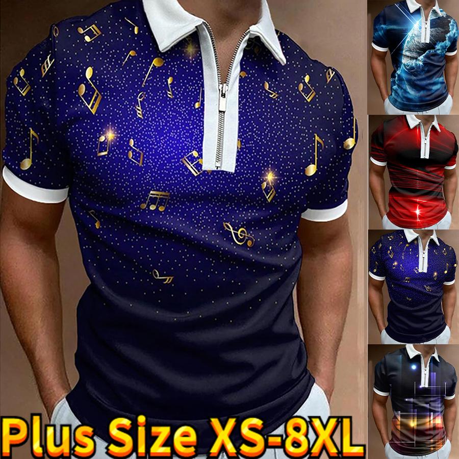 Casual Lapel T-shirt Young Men's Fashion Zipper T-shirt Short Sleeve T-shirt Men's 3D Jumping Notes Print T Shirt