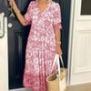 Женское летнее платье с v-образным вырезом, свободное длинное платье с цветочным принтом и короткими рукавами, дышащее легкое комфортное платье, повседневное модное платье для работы и отдыха