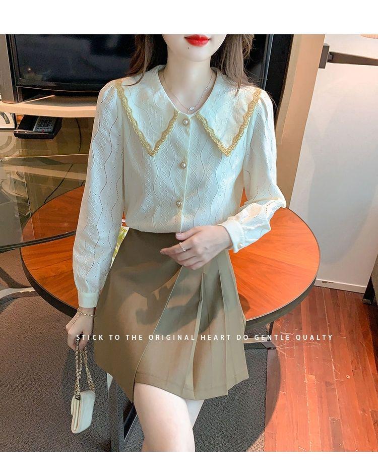 Женская шифоновая блузка с воротником Питер Пэн на весну и осень 2025 года - Новая модная кружевная рубашка