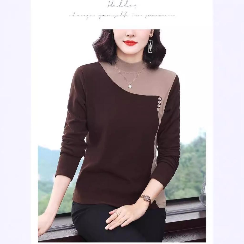 Round Neck Long Sleeve German Velvet Color Block T-shirt for Autumn and Winter