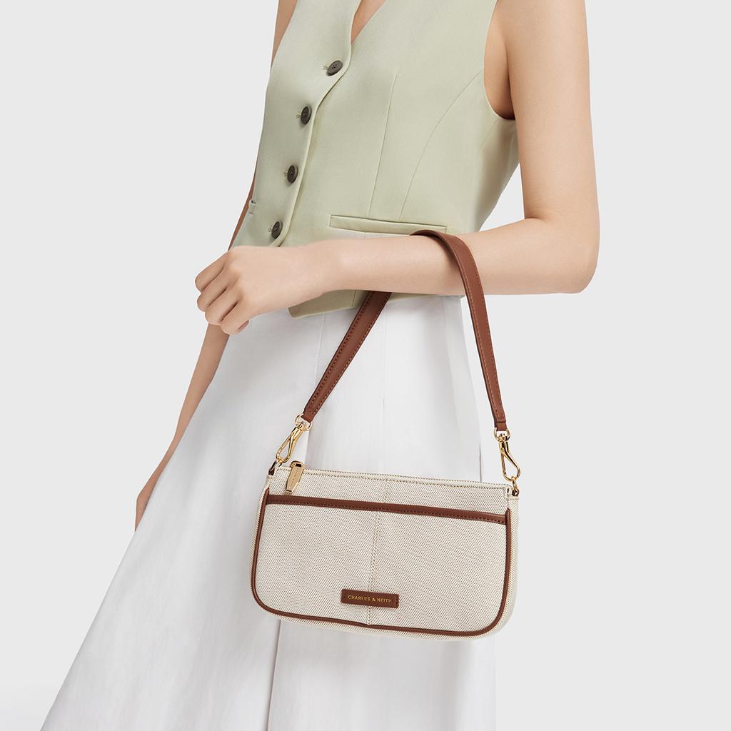 Charles & Keith Canvas Chain Knot Bag Women Shoulder Bag Beige Gray-Brown CK2-20271647-1