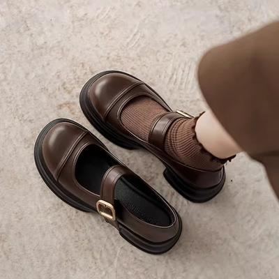 Маленькие кожаные туфли в британском стиле, женские, ретро, универсальные, на среднем каблуке, черные, на платформе, с одной педалью