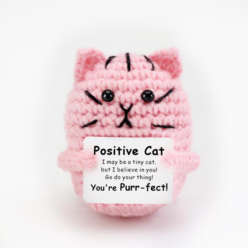 Funny Crochet Positive Inspirational Emotional Support Cat Doll Home Room Decoration Handmade Knitted Cat Desktop Ornament Gift