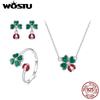 WOSTU 925 Sterling Silver Lucky Green Clover Ladybug Stud Earrings Open Ring Pendant Necklace Valentine's Jewelry Set Girl Gift