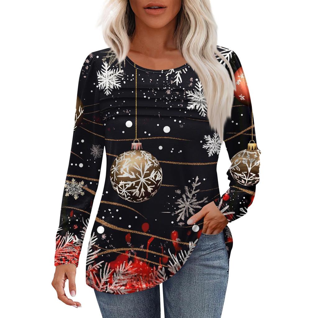 Женская модная повседневная рождественская футболка с круглым вырезом и длинными рукавами