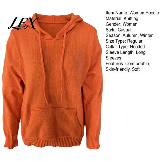 Women Knit Hoodie for Fall Winter, Long Sleeve Pullover Sweater Warm Winter Outfits with Front Pocket, Solid Color Casual Hooded Top Outerwear Pocket