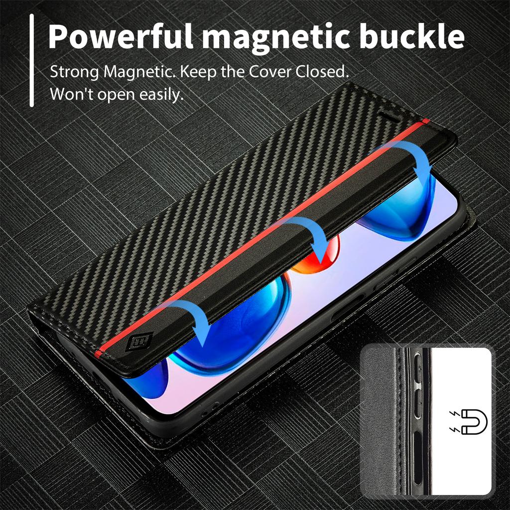 LC.IMEEKE For Xiaomi Redmi Note 12 Pro 4G/Note 11 Pro 4G (Mediatek)/5G (Qualcomm) Carbon Fiber Texture Stand Cover PU Leather Wallet Phone Case