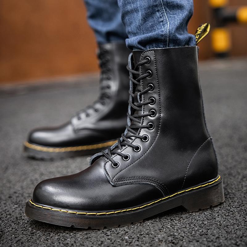 Fashion Men'S Boots Casual Leather Shoes Men Vintage Lace-Up Punk Motocross Boots Male Black Spring Autumn Handmade Footwear