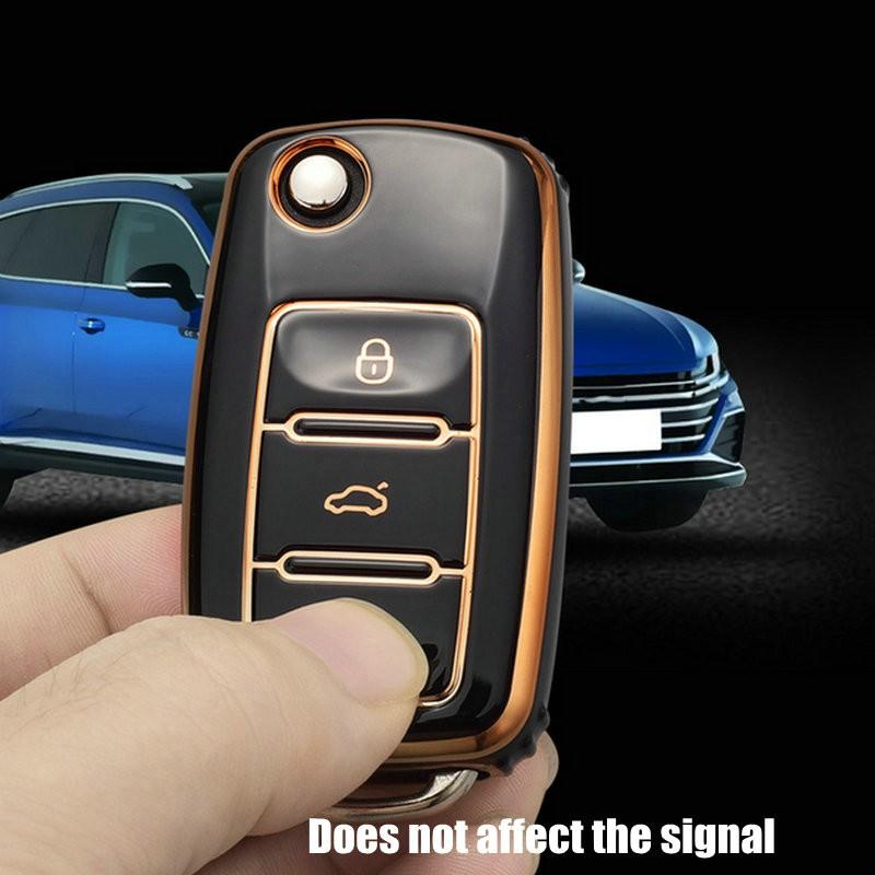 Golden-edged TPU Car Flip Key Case Cover Shell For Volkswagen VW Polo Golf Passat Tiguan Beetle Caddy T5 Up Eos Skoda Octavia Seat Leon Altea