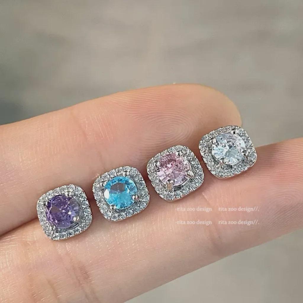 Серьги-гвоздики в форме кубического сахара с разноцветным цирконием из титановой стали