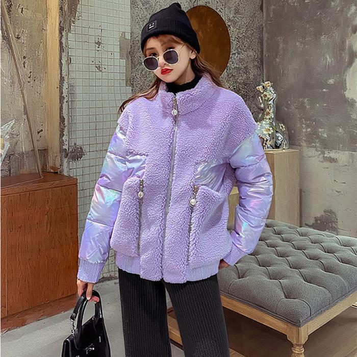 New Fashion Autumn Winter Women's Short Glossy Stand-up Collar Lamb Wool Stitching Down Cotton Jacket Pure Color Zipper Cotton Jacket