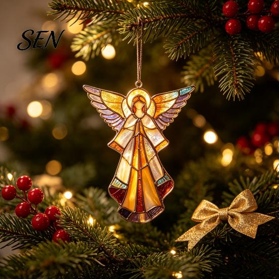 Сезонные Декоративные Подвесные Поделки Ангел в Стиле Витража, 2D Акриловая Елка Золотые Рождественские Подвески Декор со Шнурком,