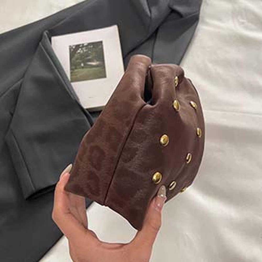 Versatile Matt Side Clutch Bag Retro Large Capacity Lady Hand-held Purse Leopard Print Magnetic Button Pleated Rivet Handbag