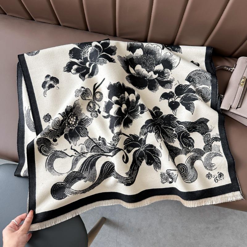 Landscape painting imitation cashmere scarf women's high-end office air-conditioned room thickened warm long trendy scarf
