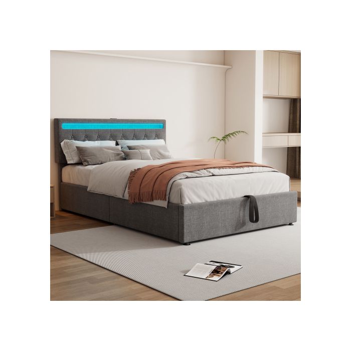 Lit - MUVOE - 140x200cm - Rembourré - Éclairage LED - Rangement sous le lit