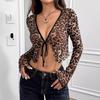 Spring Summer Autumn Women's Elegant Sheer Mesh Leopard Print Front Tie Long Sleeve
